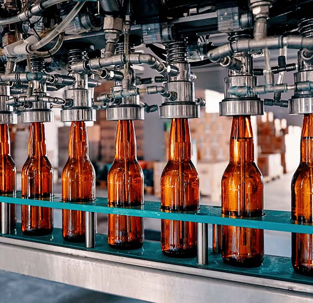 Beer bottling process where bottles are being filled, capped, and prepared for distribution